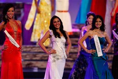 Miss India Pooja Chopra, center, seen during the Miss World pageant in Johannesburg, South Africa