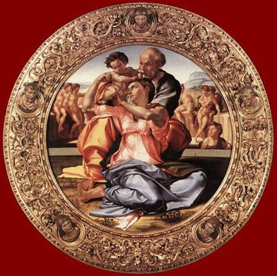 The Holy Family(1506): Painted by Michelangelo (1475 – 1564). Tempera on panel (Ø 120 cm). On display at Galleria degli Uffizi, Florence.