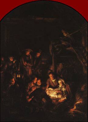 The Adoration of the Shepherds [1] (1646): Painted by Rembrandt (1606 – 1669). Oil on canvas (97 × 71 cm). On display at Alte Pinakothek, Munich.