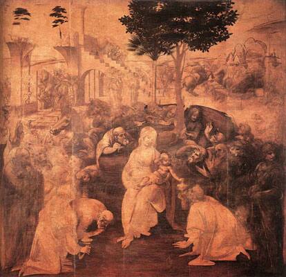 The Adoration of the Magi (1481): Painted by Leonardo da Vinci(1452-1519). Tempera mixed with oil with parts in red or greenish lacquer, and white lead, on panel. (246 x 243 cm). On display at Galleri