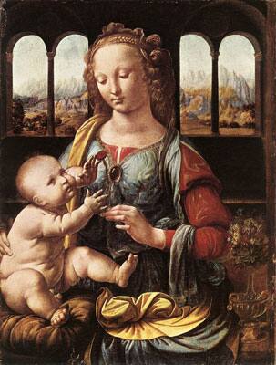 The Madonna of the Carnation(1478-80): Painted by Leonardo da Vinci(1452-1519). Oil on panel(62x47.5). On display at Alte Pinakothek, Munich. 