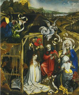 Birth of Christ(1425-30): Painted by Robert Campin ca. 1380 – 1444. Oil on panel (86 × 72 cm) on display at Musée des Beaux-Arts, Dijon