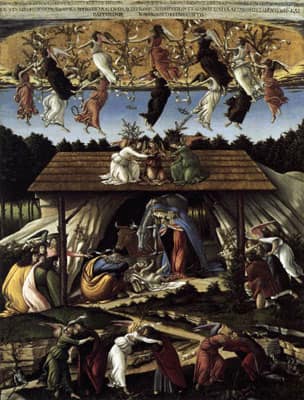 The Birth of Christ(1500): Painted by Botticelli (Sandro Filipepi) (1445 – 1510). Tempera on canvas (109 × 75 cm) on display at National Gallery, London