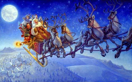 In the United States and Canada, his name is Santa Claus. He flies through the sky in a sleigh pulled by eight reindeer. 