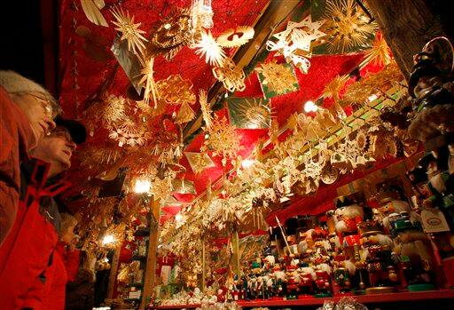 Christmas decorations pictured at the Christmas market in Munich, southern Germany.