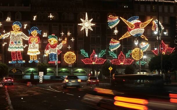 Buildings around Zocalo Square are decorated with lights as part of Christmas celebrations in Mexico City.