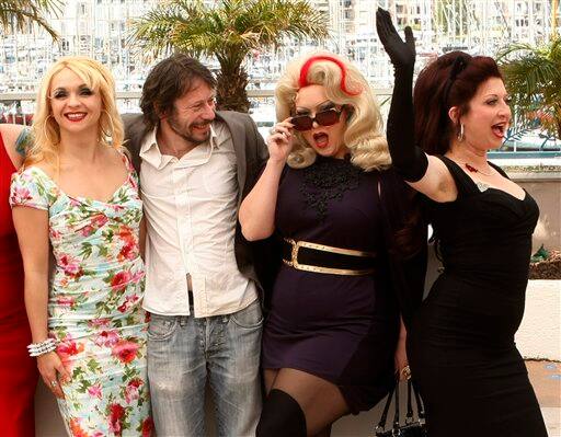 From left to right, actress Julie Atlas Muiz, actor and director Mathieu Amalric, actress Dirty Martini, and actress Kitten on the Keys, attend a photo call for Tournee, at the 63rd international film festival, in Cannes, southern France, Thursday, May 13, 2010.