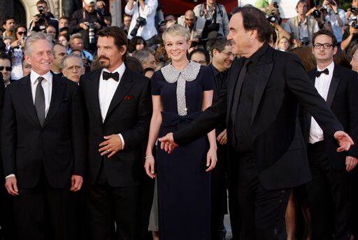 From left to right, actor Shia LaBeouf, actor Frank Langella, actor Michael Douglas, actor Josh Brolin, actress Carey Mulligan, and director Oliver Stone arrive for the screening of 