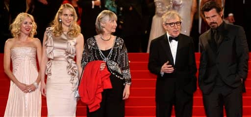 From left, actress Naomi Watts, actress Lucy Punch, actress Gemma Jones, filmmaker Woody Allen, and actor Josh Brolin leave following the premiere of 