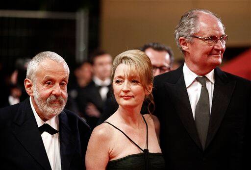 Director Mike Leigh, actress Lesley Manville and Jim Broadbent arrive for the premiere of 