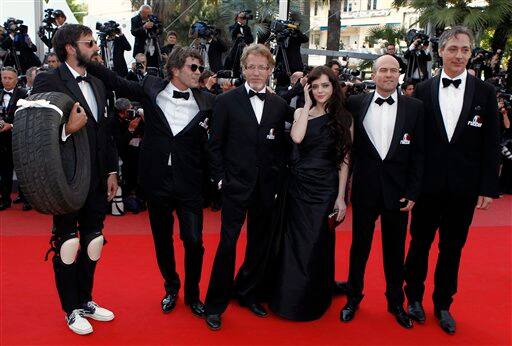 Actress Roxane Mesquida, third from right, and Quentin Dupieux, second from left, arrive for the screening of 