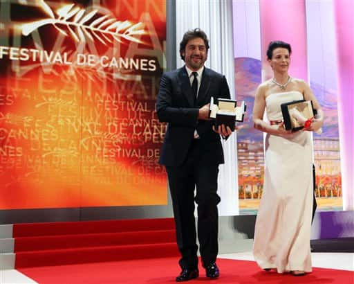 Joint winner of the award for Best Actor Javier Bardem, left, and winner of the award for Best Actress Juliette Binoche pose after the awards ceremony at the 63rd international film festival, in Cannes