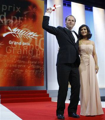 Director Xavier Beauvois, winner of the Grand Prix award, and actress Salma Hayek, right, are seen during the awards ceremony at the 63rd international film festival, in Cannes