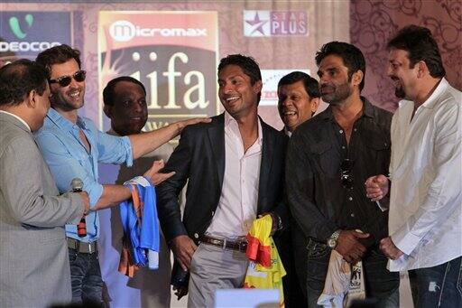 Hrithik Roshan, Sri Lankan Minister Lakshman Yapa Abeywardena, Kumar Sangakkara and Sunil Shetty and Sanjay Dutt during a press conference organized by the IIFA, in Mumbai, India