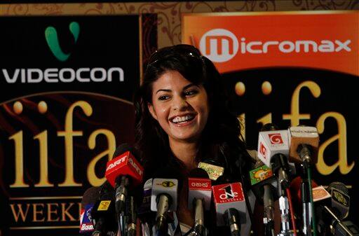 Former Sri Lankan beauty queen and Bollywood actress Jacqueline Fernandez reacts as she speaks during a media briefing ahead of International Indian Film Awards in Colombo