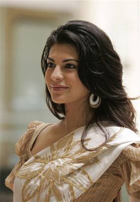 Sri Lankan-born Bollywood actress Jacqueline Fernandez looks on in a hotel lobby in Colombo, Sri Lanka, Saturday, June 5, 2010.