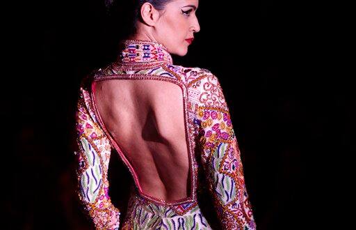 A model presents a creation by designers Abu Jani & Sandeep Khosla at the Pearls Infrastructure Delhi Couture Week 2010 in New Delhi, India.