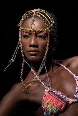 A model wears a creation from the Colombian fashion brand Agua Bendita at the Colombia Moda fashion show in Medellin, Colombia.