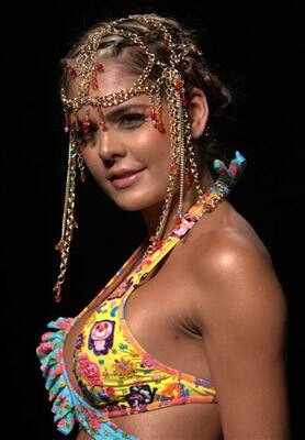 A model wears a creation from the Colombian fashion brand Agua Bendita at the Colombia Moda fashion show in Medellin, Colombia.