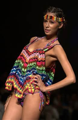 A model wears a creation from the Colombian fashion brand Agua Bendita at the Colombia Moda fashion show in Medellin, Colombia.