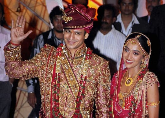 Vivek Oberoi and Priyanka Alva at their wedding ceremony in Bangalore.