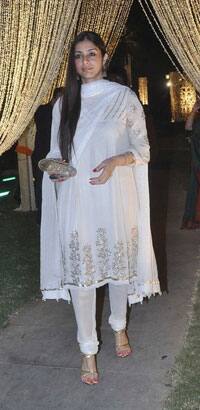 Indian Bollywood actress Tabbu arrives for newly wed Vivek Oberoi and Priyanka Alva's reception party in Mumbai.