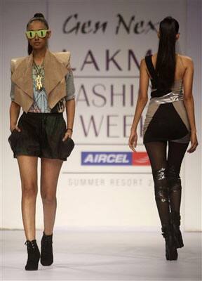 Models display creations by designer Anna Liza during the Lakme Fashion Week in Mumbai.