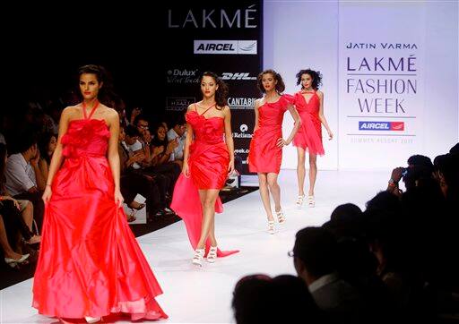 Indian models display designer Jatin Varma's creations during the Lakme Fashion Week in Mumbai.