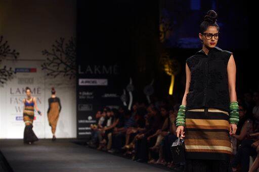 Indian models display designer Sabyasachi Mukherjee creations during the Lakme Fashion Week.