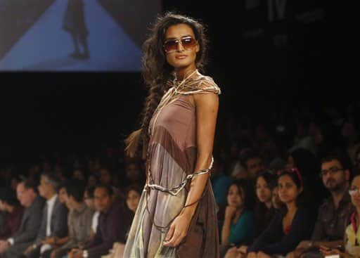 Indian model displays designer Babita Malkani's creation during the Lakme Fashion Week in Mumbai.