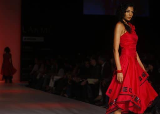 An Indian model displays designers Aparna and Nordan's creation during the Lakme Fashion Week in Mumbai.