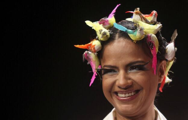 An Indian model displays designer V.J. Balhara creations during the Lakme Fashion Week in Mumbai.