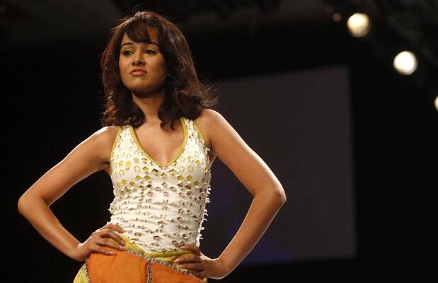 An Indian model displays designer Abhishek Dutta creations during the Lakme Fashion Week in Mumbai.