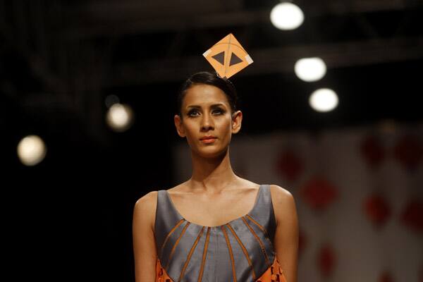 An Indian model displays designer Abhishek Dutta creations during the Lakme Fashion Week in Mumbai.