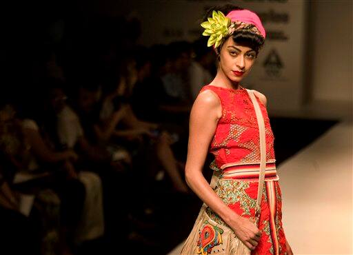 A model displays a creation by Indian designer Rehane during Wills Lifestyle India Fashion Week in New Delhi.