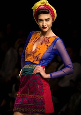 A model displays a creation by Indian designer Rehane during Wills Lifestyle India Fashion Week in New Delhi.