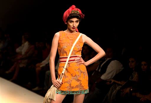 A model displays a creation by Indian designer Rehane during Wills Lifestyle India Fashion Week in New Delhi.