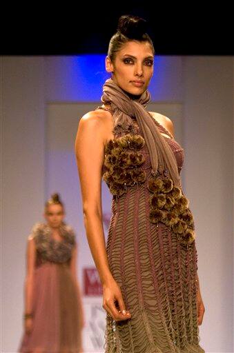 A model displays creations by Indian designers Paras and Shalini during Wills Lifestyle India Fashion Week in New Delhi.