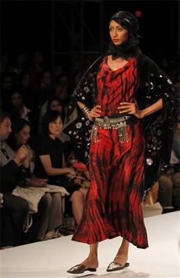 A model displays a creation by Indian designer Sonam Dubal during the Wills Life Style India Fashion Week, in New Delhi.