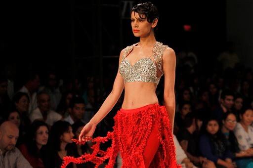 A model displays a creation by Indian designer Jenjum and Jasleen during the Wills Lifestyle India Fashion Week, in New Delhi.