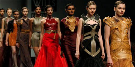 Model display creations by Indian designer Alpana and Neeraj during the Wills Lifestyle India Fashion Week, in New Delhi.