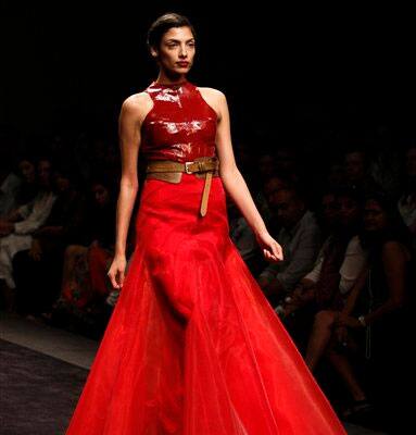 A model displays a creation by Indian designer Alpana and Neeraj during the Wills Lifestyle India Fashion Week, in New Delhi.