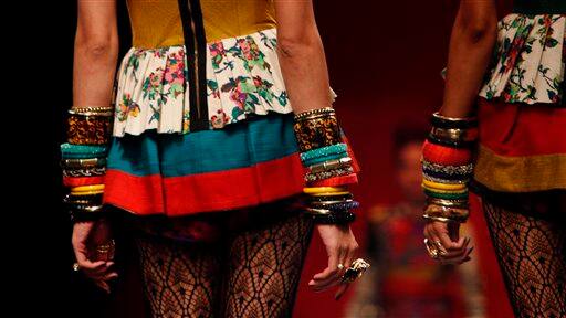 A model presents a creation by Sabyasachi Mukherjee at the India Fashion Week in New Delhi.