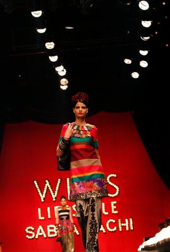 A model presents a creation by Sabyasachi Mukherjee at the India Fashion Week in New Delhi.