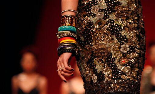 A model presents a creation by Sabyasachi Mukherjee at the India Fashion Week in New Delhi.