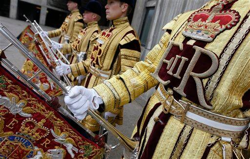 Members of the State Trumpeters of the Household Cavalry are seen during a media event.