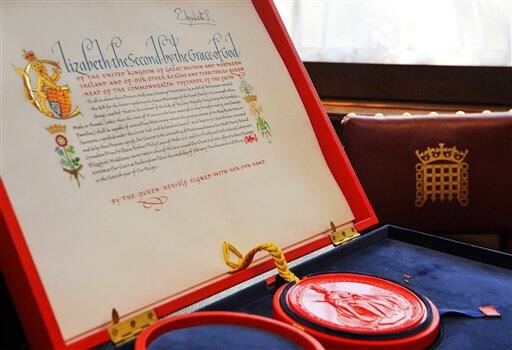 The 'Instrument of Consent', which is the Britain's Queen Elizabeth II's historic formal consent to Prince William's forthcoming marriage to Kate Middleton, is seen at the Crown Office at the House of Lords in London.