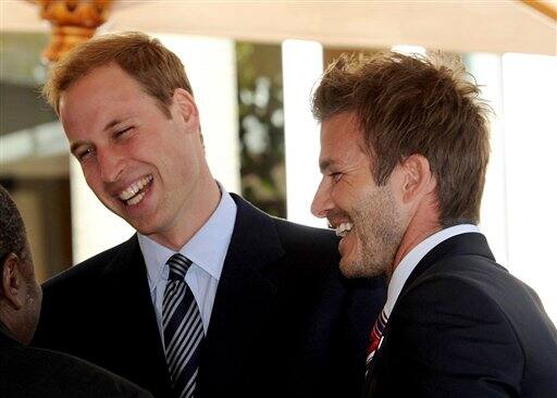 Britain's Prince William with David Beckham at a Football Association reception at the Saxon Hotel in Johannesburg. Soccer star David Beckham and his wife Victoria were among the most recognizable names on the list of guests at the April 29 nuptials.