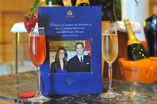 Cunard Line's commemorative Royal Wedding dinner menu and champagne cocktails are seen aboard flagship Queen Mary 2 in New York.