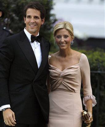 Greece's Crown Prince Pavlos, and his wife Princess Marie-Chantal, arrive at a central London hotel for a pre-royal wedding dinner hosted by Lady Elizabeth Anson and attended by members of the British royal family and foreign royal families, in London.